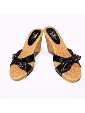 Summer Rio Bolaro Black Patent Leather Bow Cork Wedges | 7